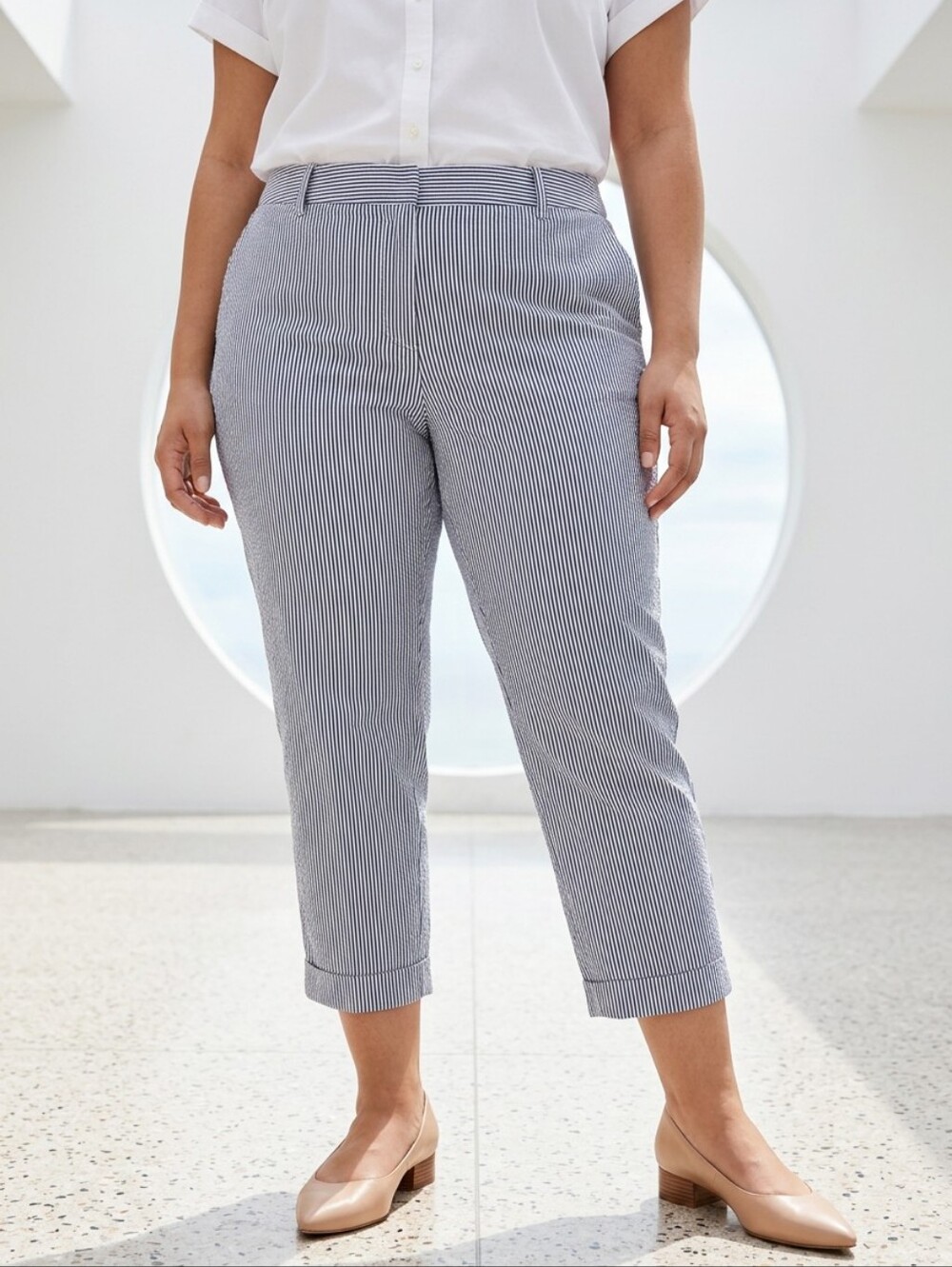 Talbots The Weekend Chino NWOT SZ 14P Blue White Striped Cuffed Cropped Pants